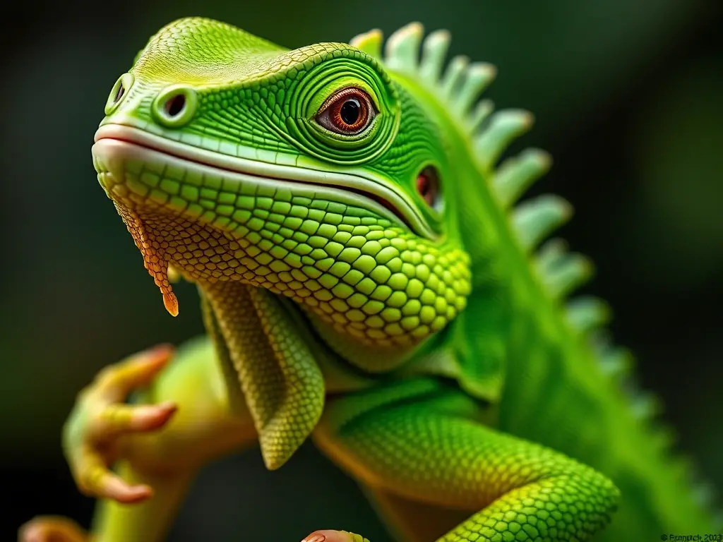 Fotografía realista de una iguana verde, precisa y con detalles adecuados
