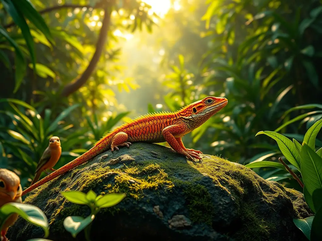 Lagarto venenoso en bosque tropical, observadores tranquilos