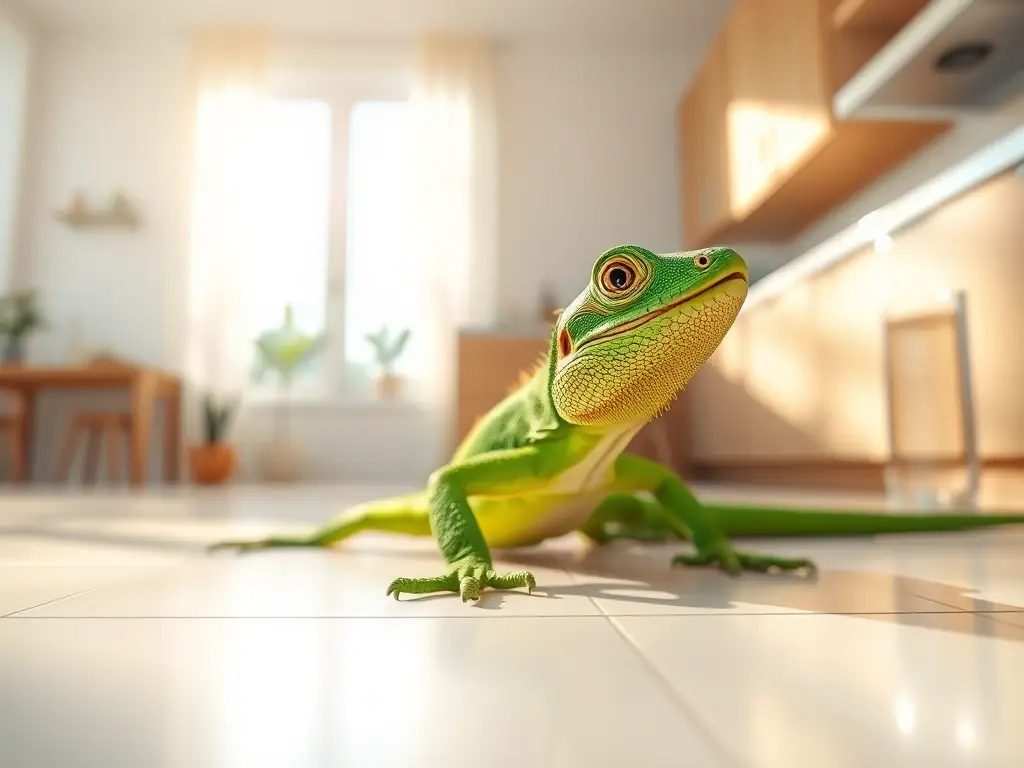 Lagarto verde sobre piso blanco, detalle ultrarealista