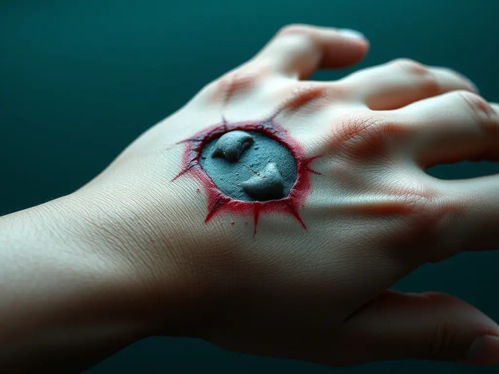 Imagen realista de una mano con herida de manta ray, detalladamente