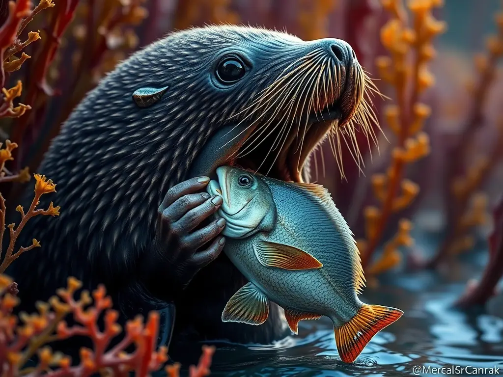Imagen realista de un nutrias de mar con un pez de kelp