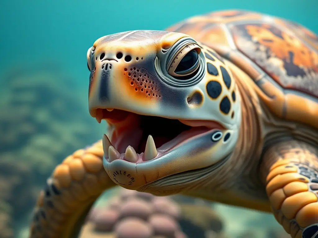 Imagen realista de tortuga de mar con mandíbulas modificadas en hábitat natural