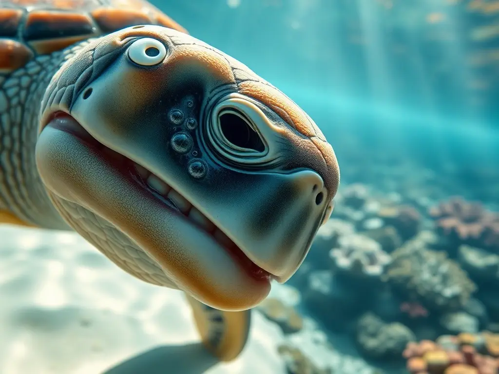 Tortuga marina muestra dientes en su boca