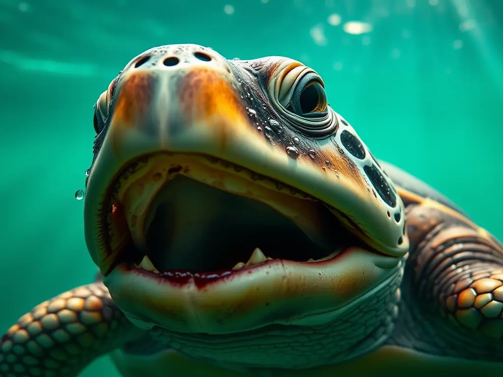 Macro de tortuga: boca abierta, mandíbula fuerte
