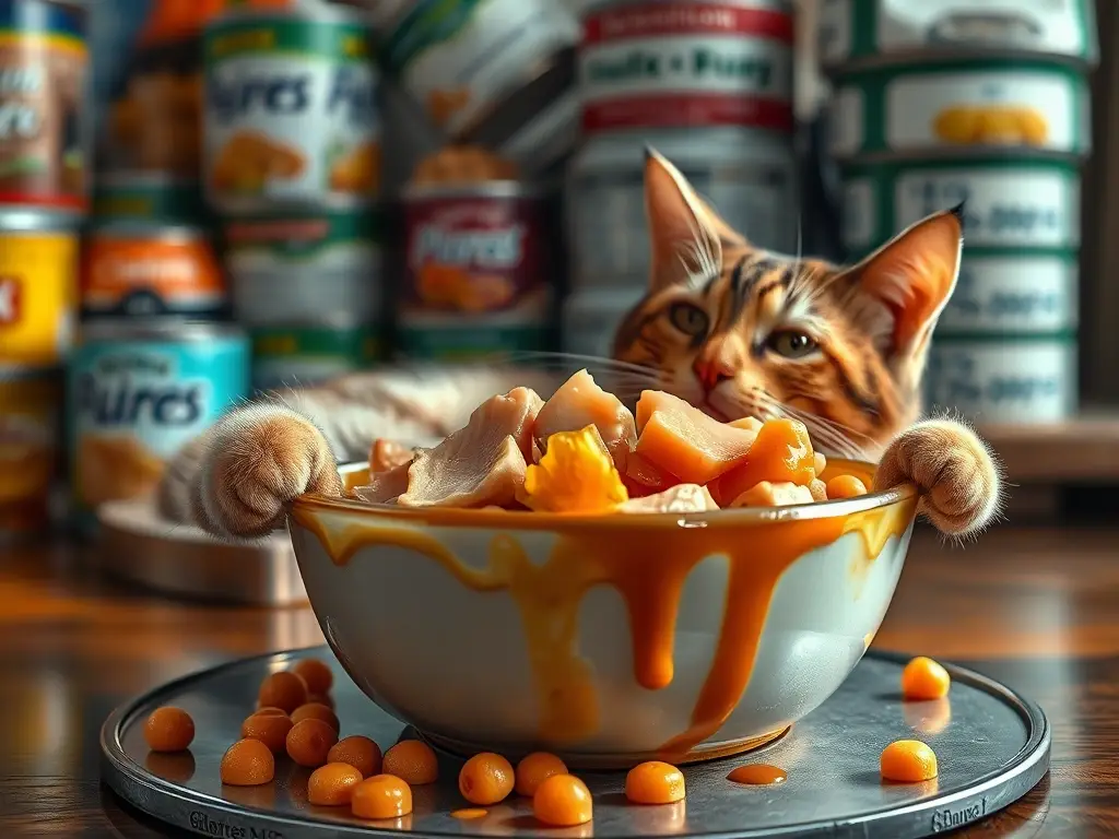 Fotografía realista de comida húmeda para gato con atún y pollo