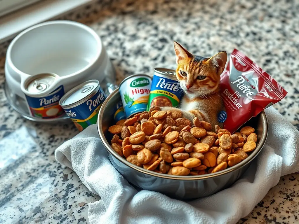 Fotorealistic retrato de alimentos para gatos en una mesa de granito