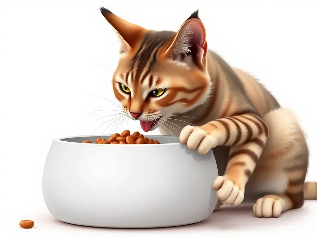 Illustration de un gato tabby comiendo comida húmeda en un fondo blanco