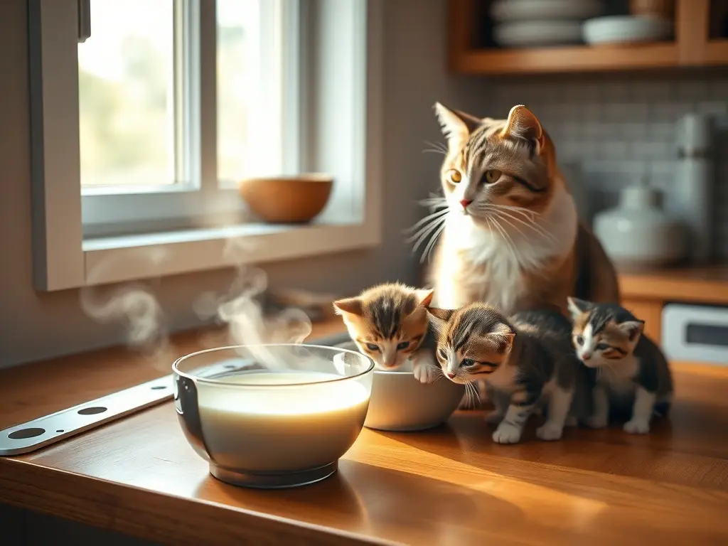 Gato y gatitos beben leche en cocina