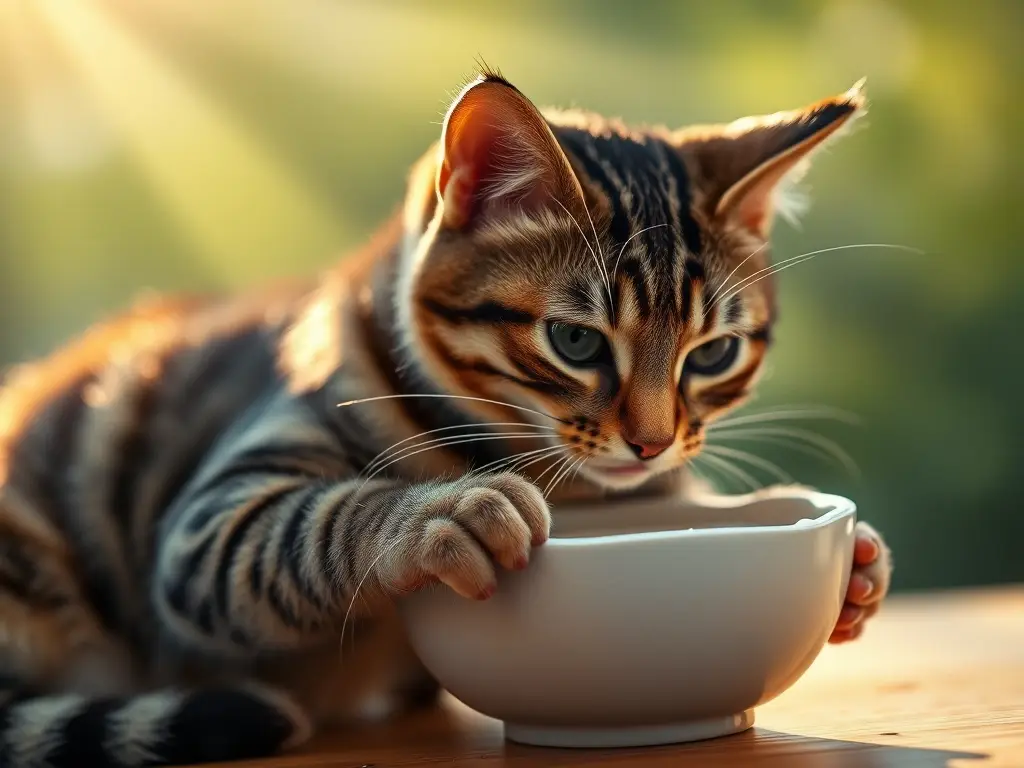 Un retrato realista de un gatito tabby con un bowl de leche con luz solar