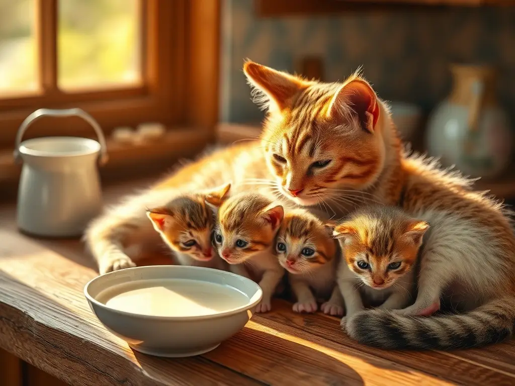 Gata amamanta tres gatitos en cocina soleada