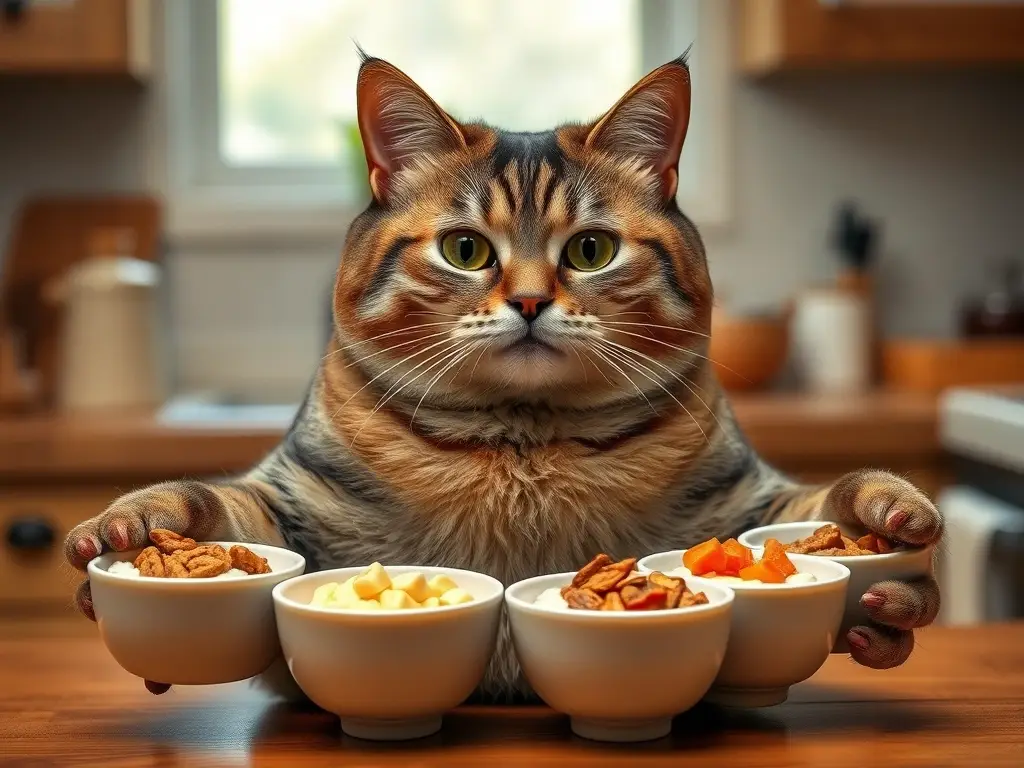 Imagen realista de una gata con seis Bowls de comida húmeda