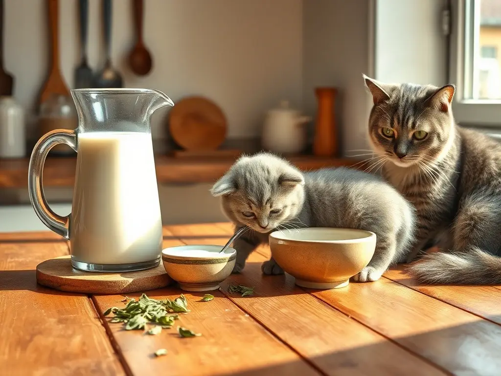Cocina soleada, gatito bebe leche, gato observa