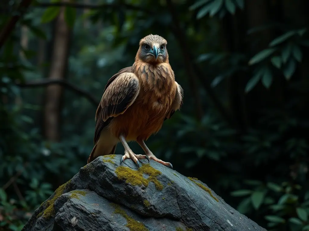 Una elegante Lechuza Grande en un bosque, con ojos azules y plumaje marrón