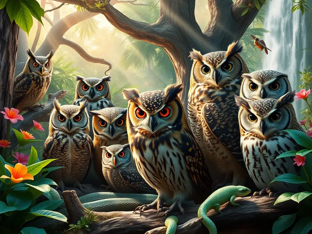 Una obra maestra realista y de alta resolución que destaca las aves búho en una selva tropical