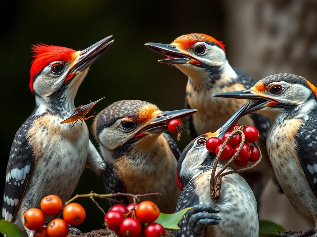 Foto real de picospectadornos comiendo insectos y bayas, con precisión