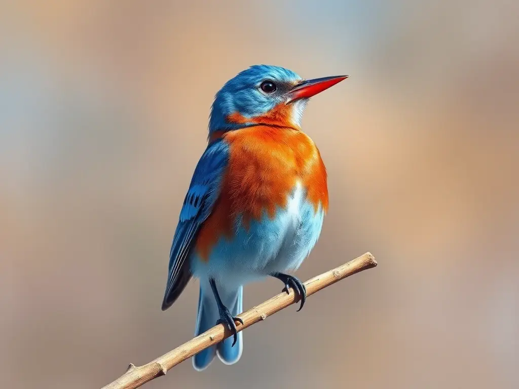 Una pintura realista de un gorrión azul de pico rojo en una rama