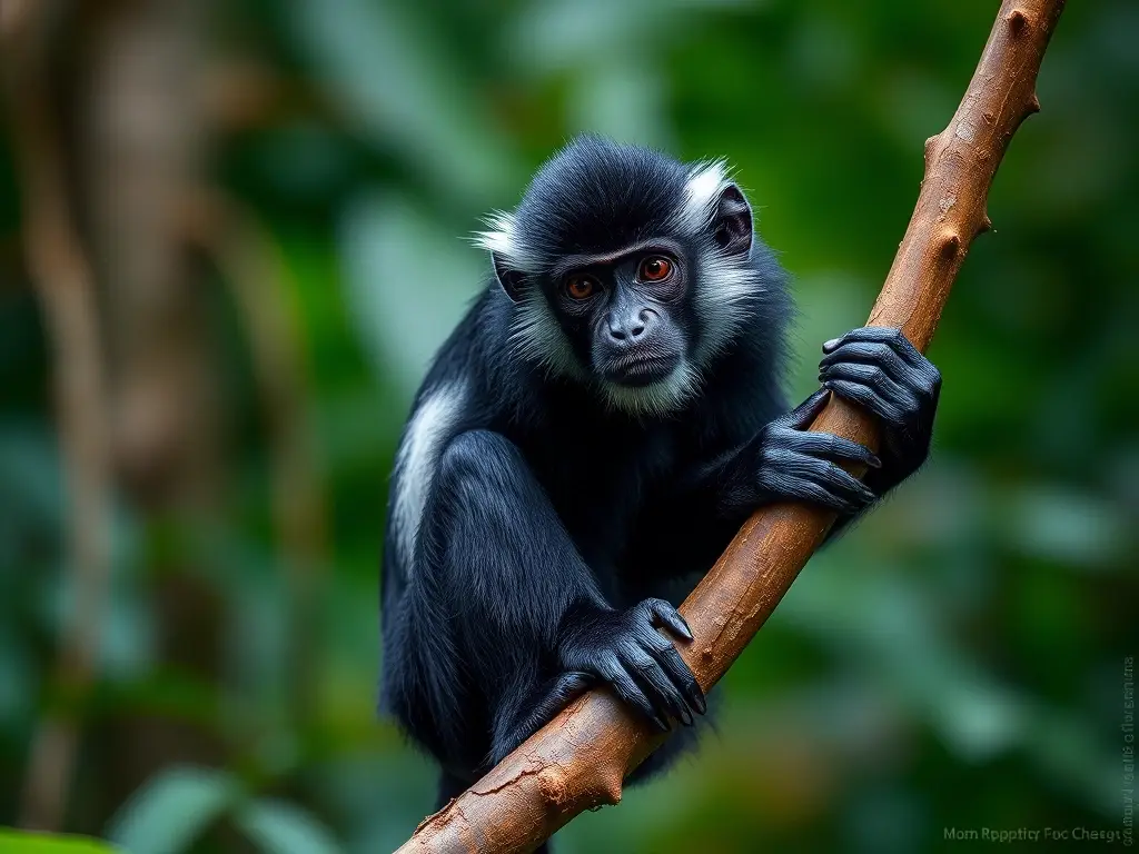 Foto de un guereza colobus en una rama de bosque, 8k, realista, sin texto