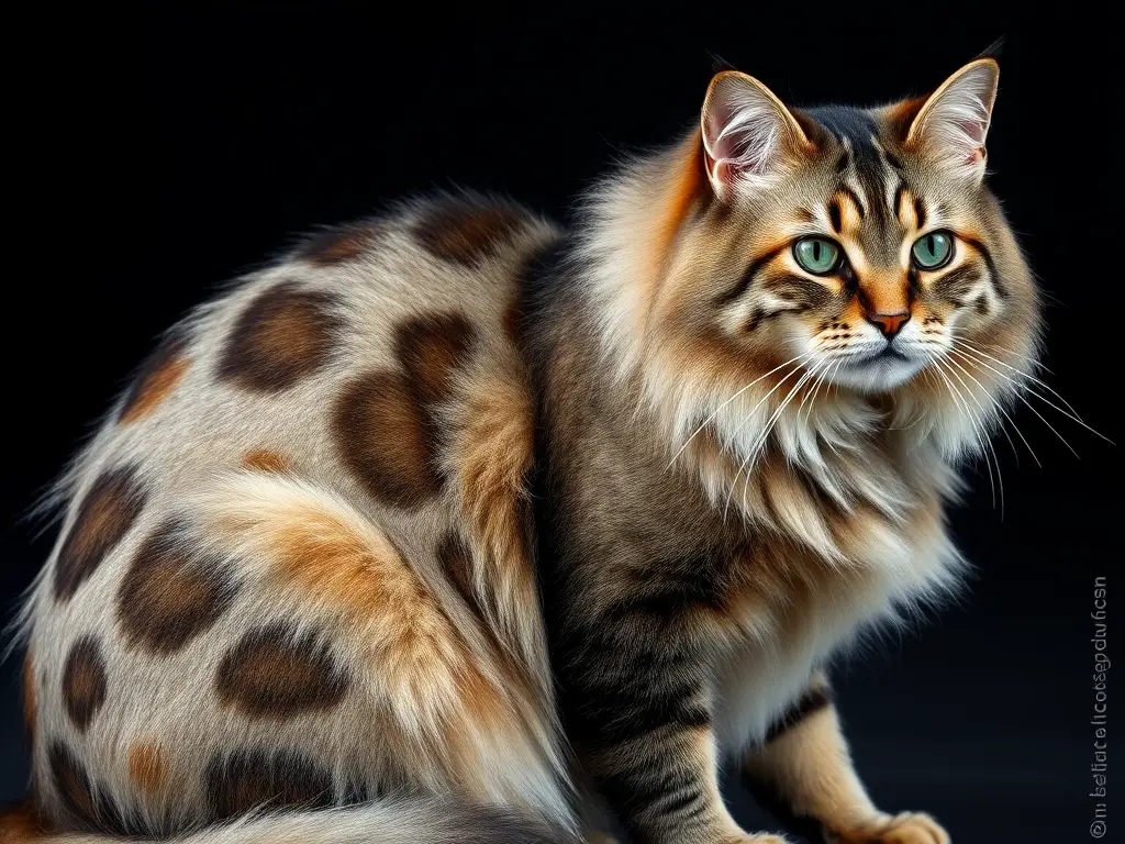 Un retrato fotorealista de un Norwegian Forest Cat con lentigo en una posición sentada