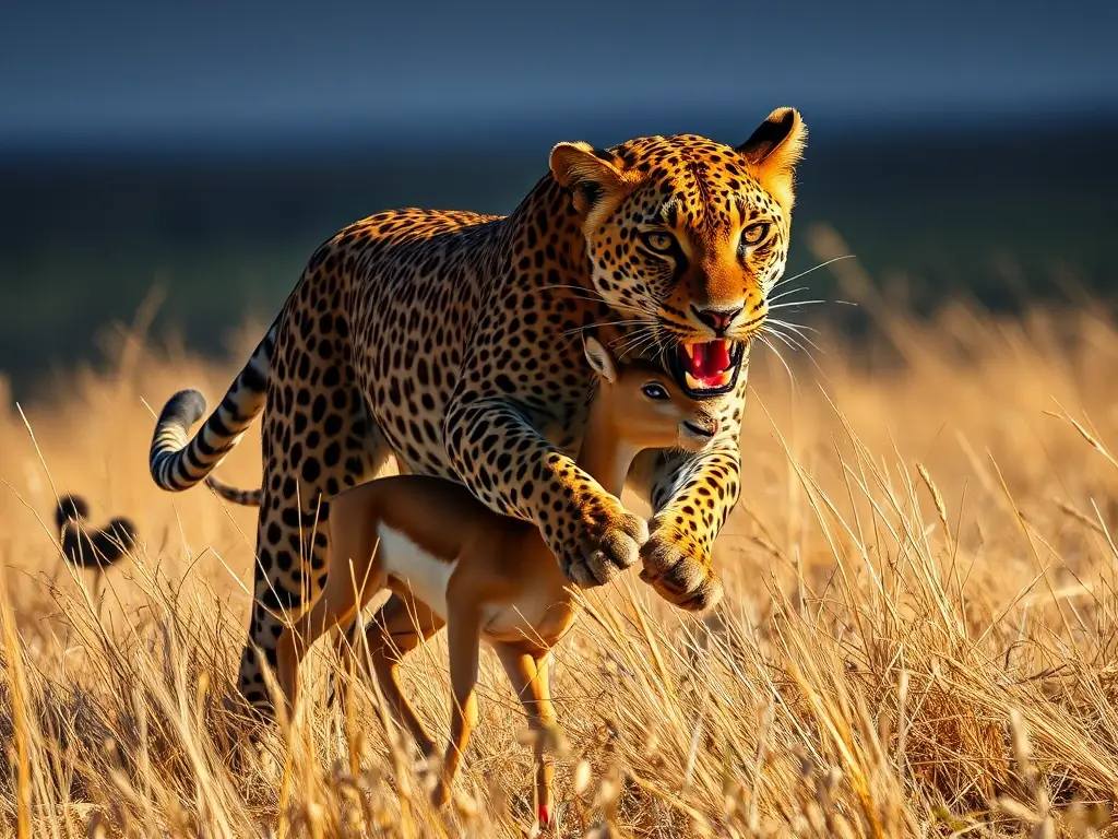 Fotografía realista de leopardo africano cazando gazela en un paisaje de sabana
