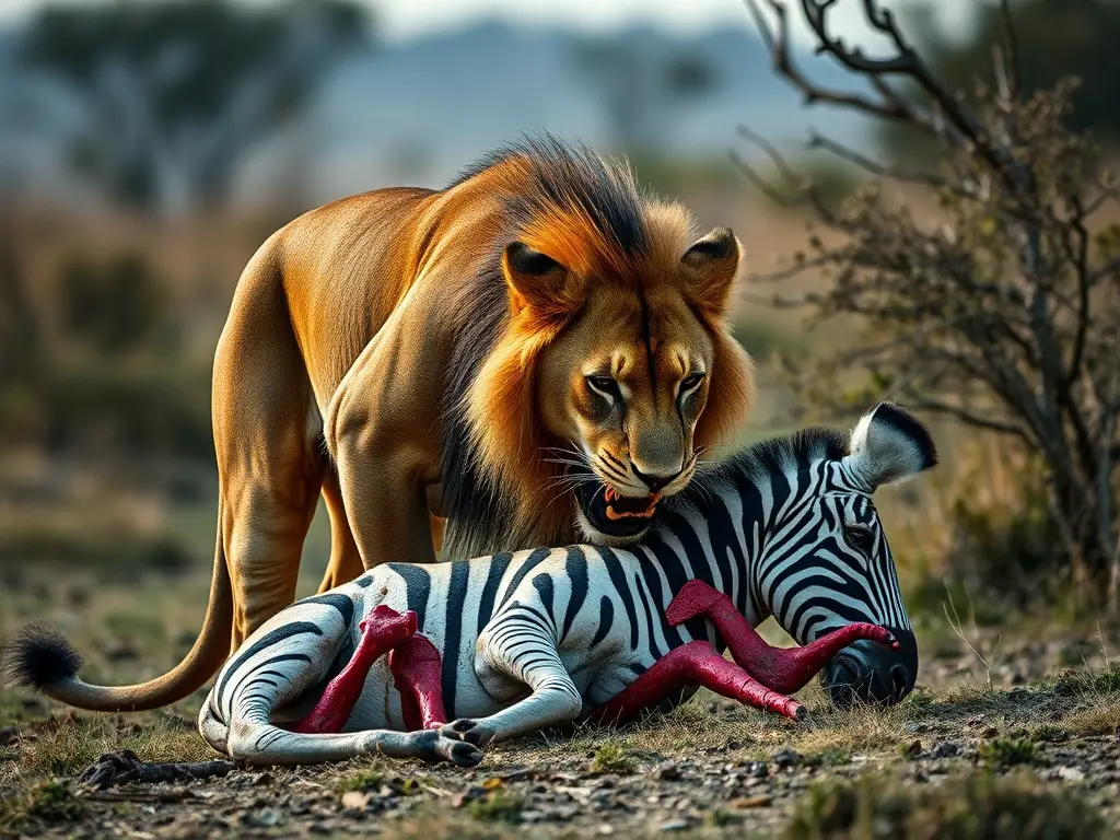 Arte de portada realista de un león cazando un zebra