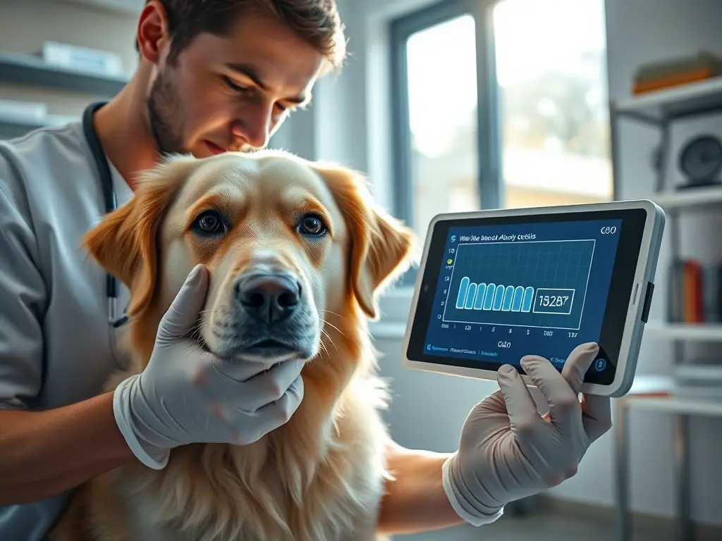 Veterinario examina perro con pantalla sanguínea
