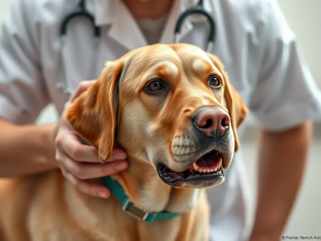 Ilustración realista de un veterinario examinando a un labrador con leucopenia