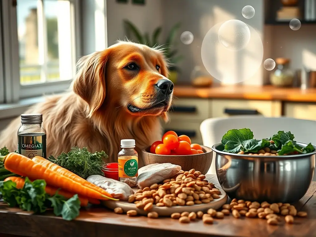 Golden retriever sano junto a alimentos nutritivos