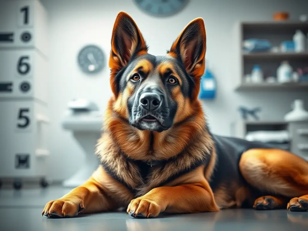 Fotografía realista de un perro pastor alemán sanador con expresión alerta