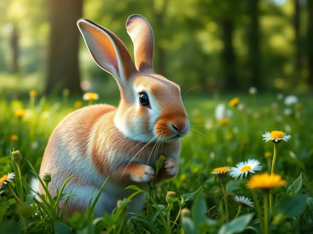 Illustration realista de conejo comiendo hierba en un prado