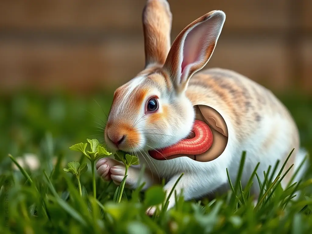 Illustration realista de un conejo en un hábitat natural comiendo trébol
