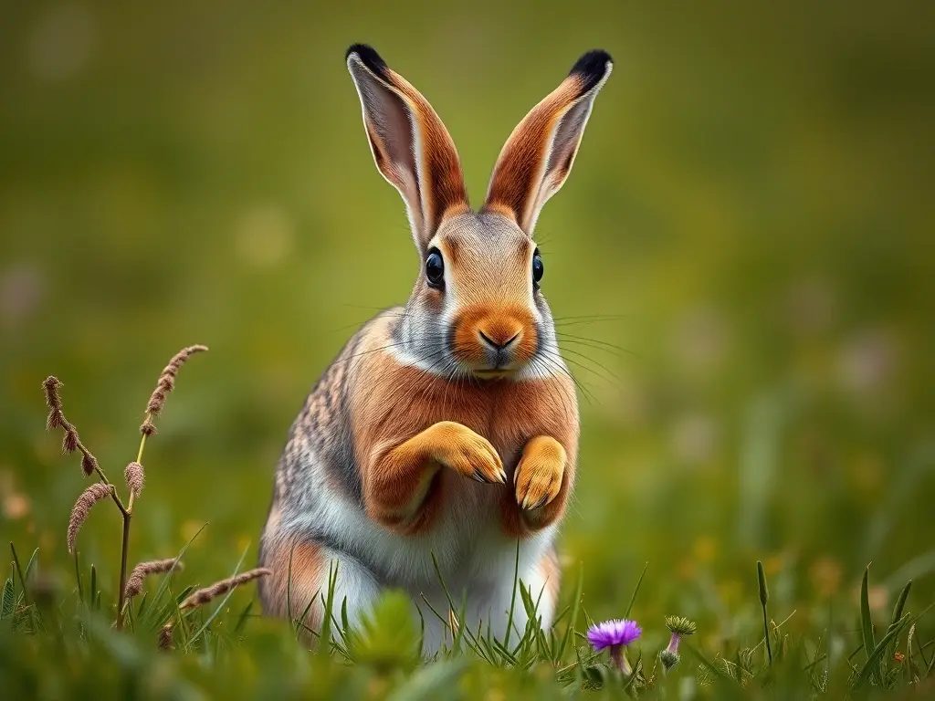 Un retrato realista de un conejo europeo en un prado vibrante