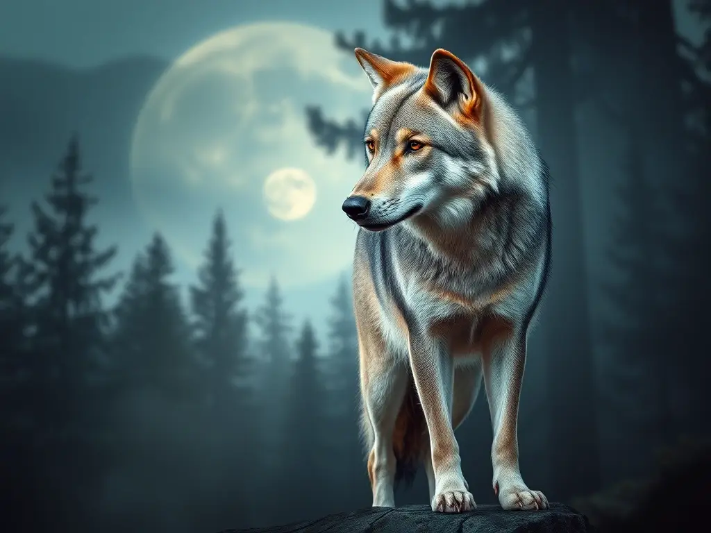 Un retrato realista de lobo gris en un bosque con detalles en un ambiente lunar