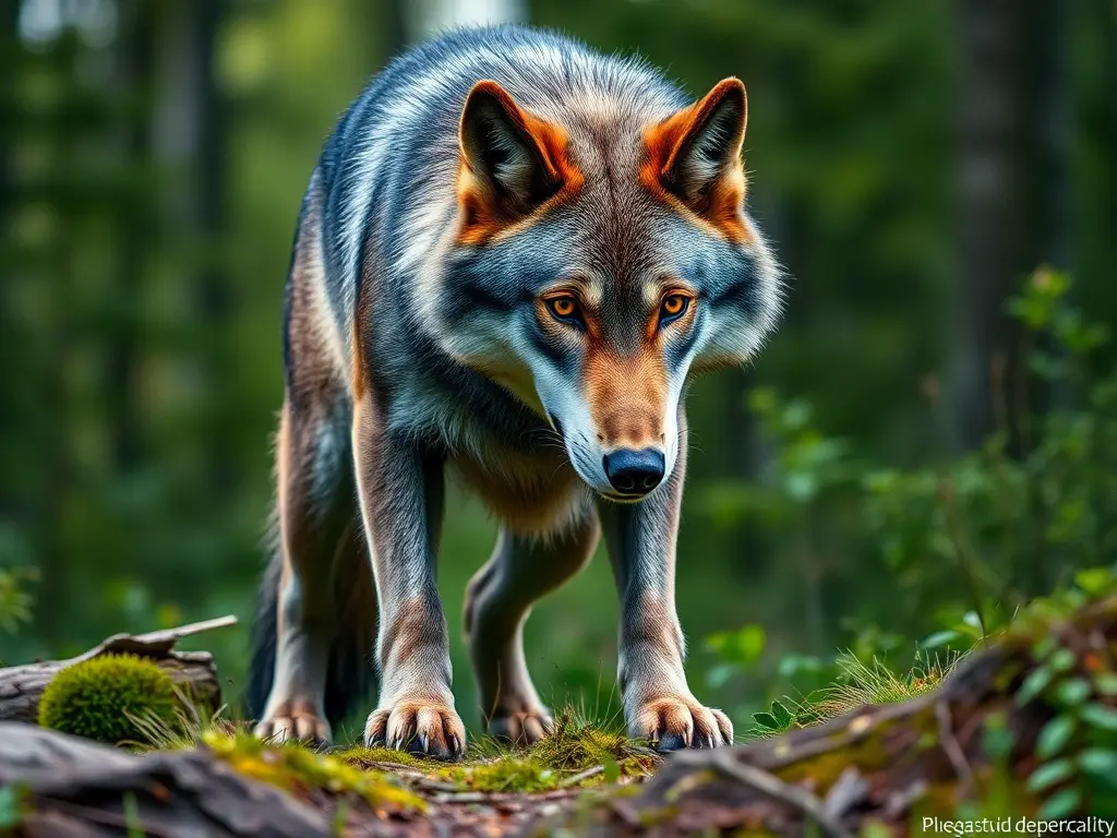 Peludo lobo realista, en bosque boreal, con iluminación natural