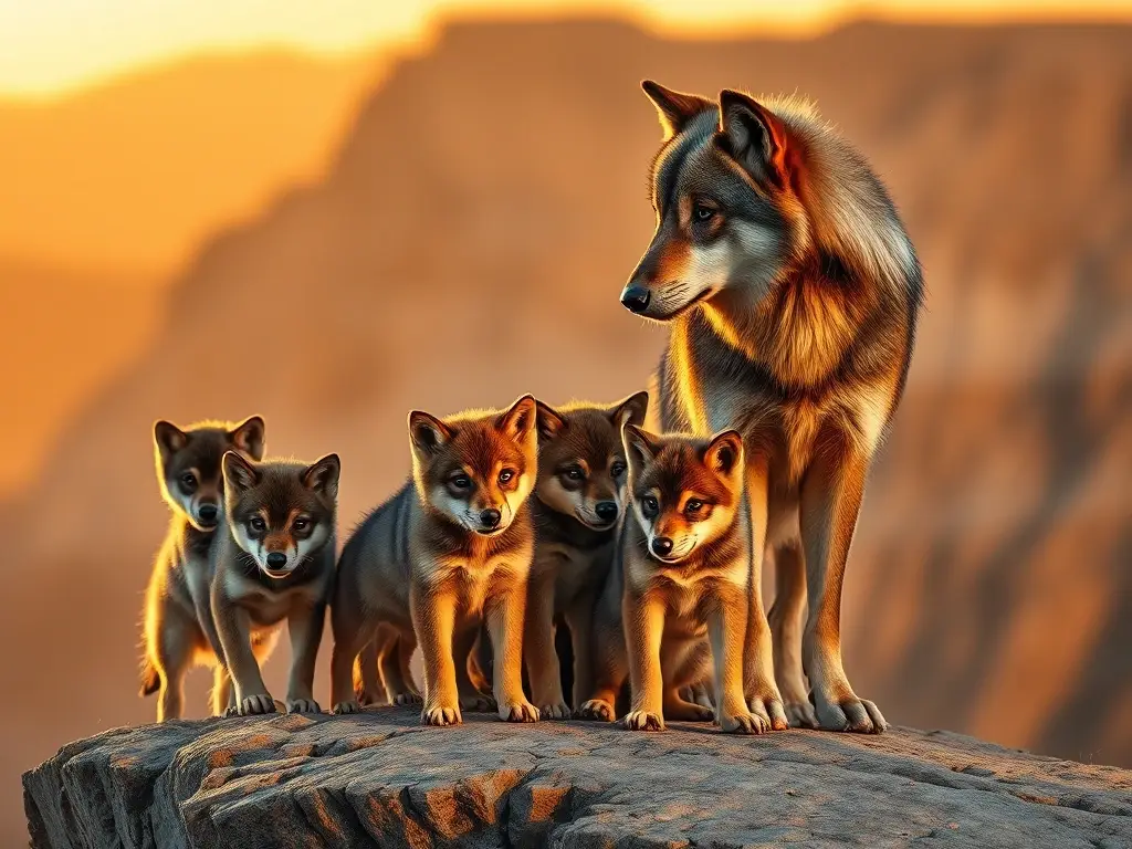 Fotorealista de una madre lobo observando a su camada en un acantilado
