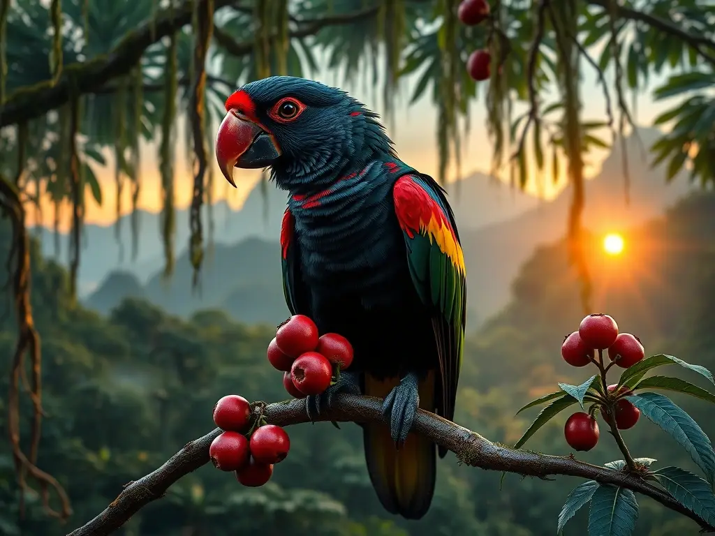 Bosque nublado al amanecer con loro Dracula