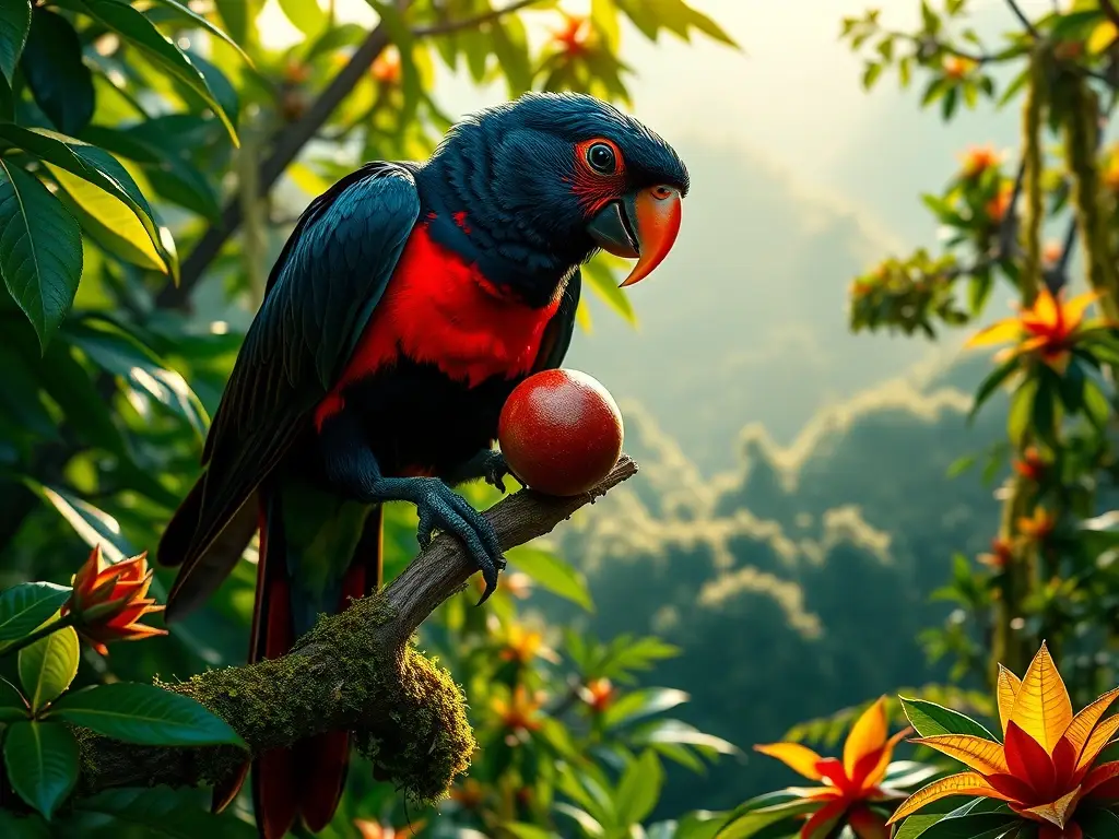 Loro Drácula brillante sobre rama en selva