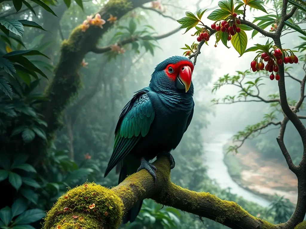 Loro Drácula hiperrealista sobre rama musgosa