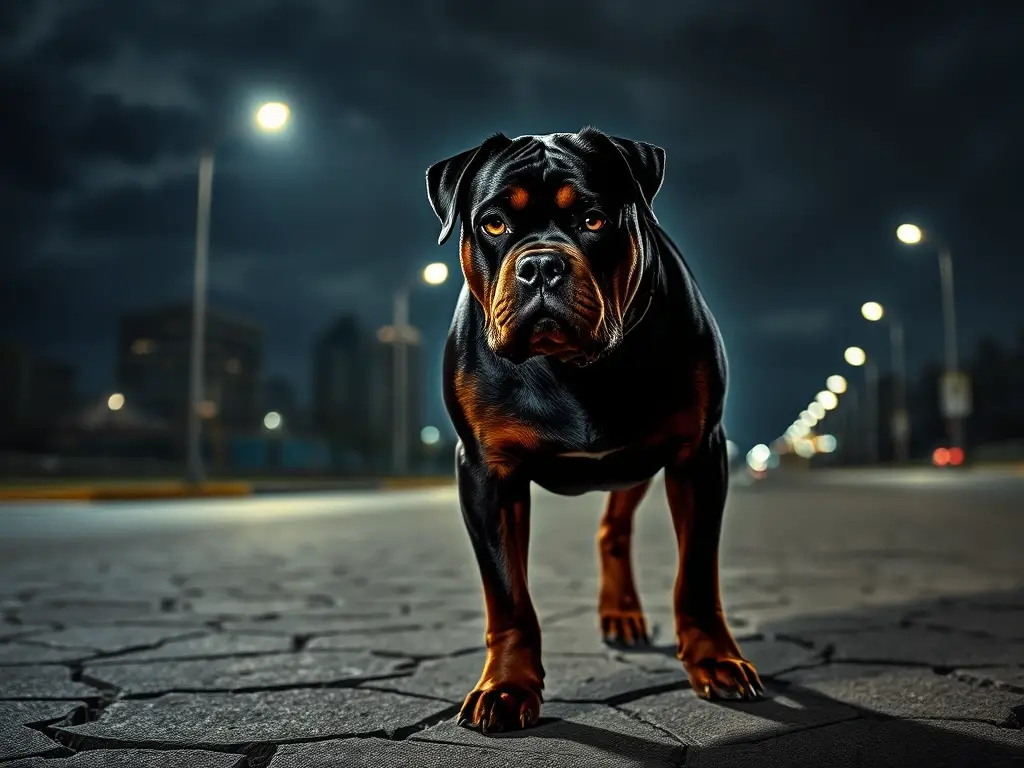 Rottweiler musculoso bajo luz nocturna dramática