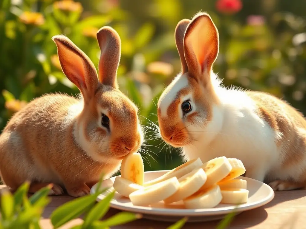 Dos bunnies observan bananas en un jardín