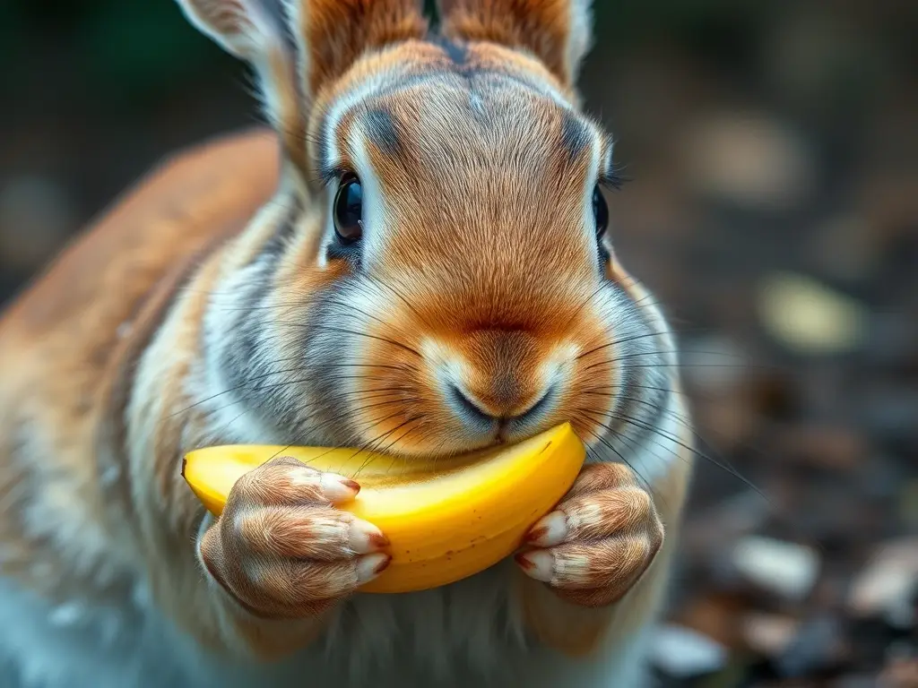 Fotorealistic imagen de conejo comiendo banana, alta resolución