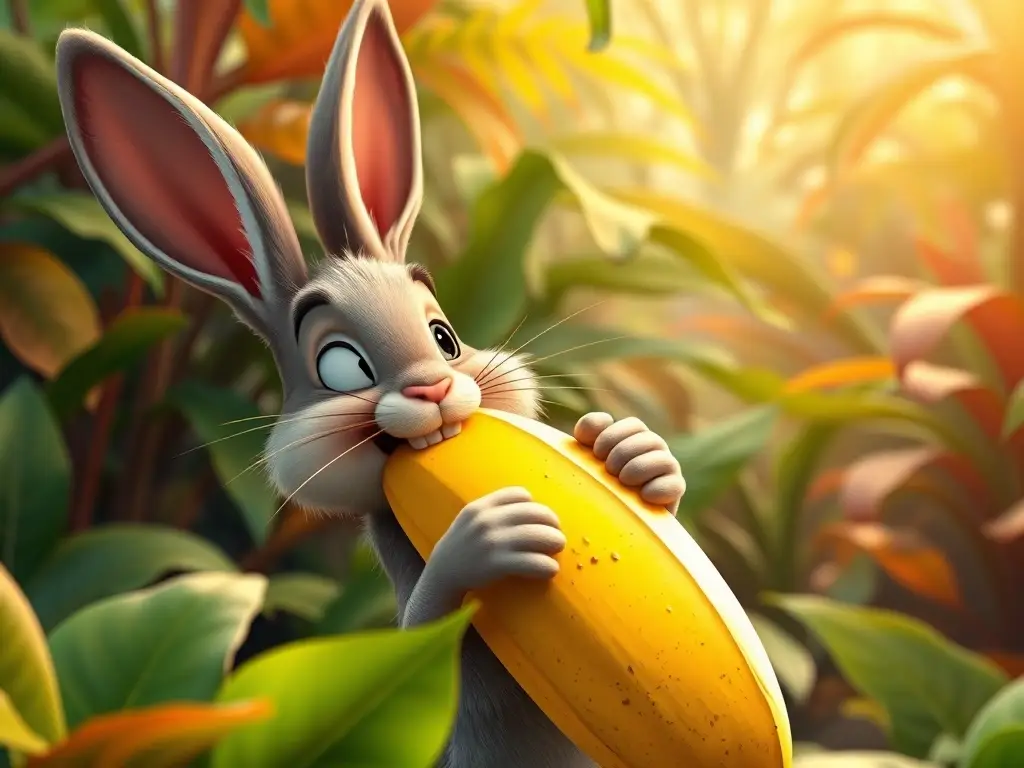 Un rabbit cartoon con un plátano gigante y exuberante se encuentra en una jungla