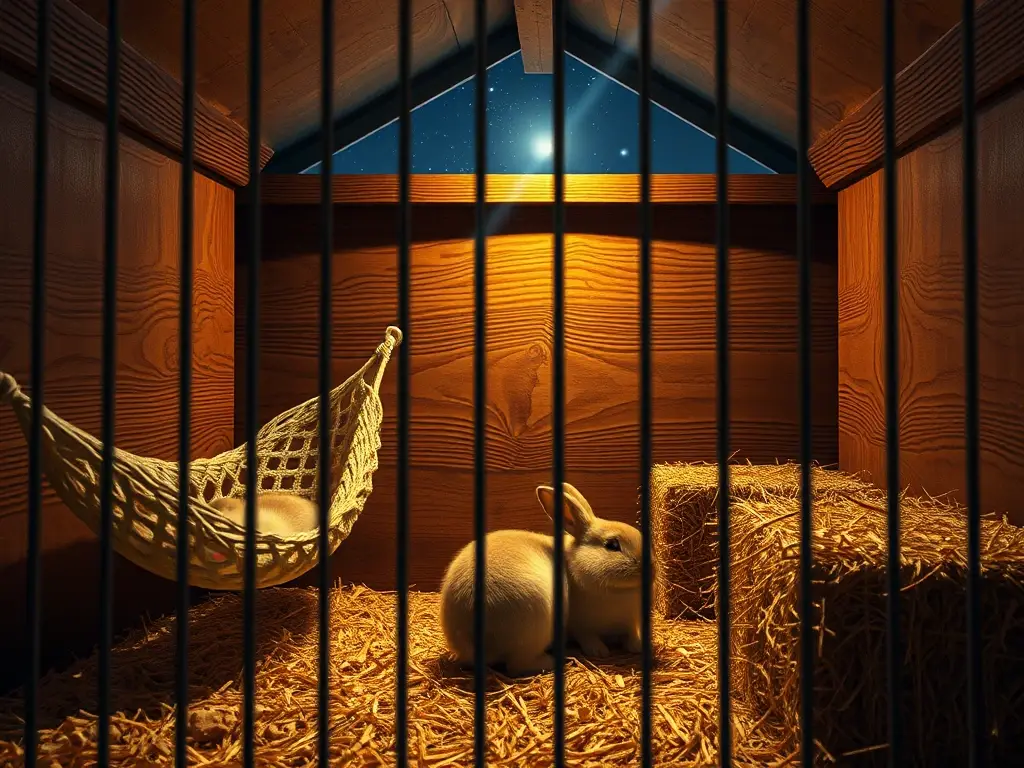 Una huerta de conejo realista y detallada con dos bunnies durmiendo y luces tenues