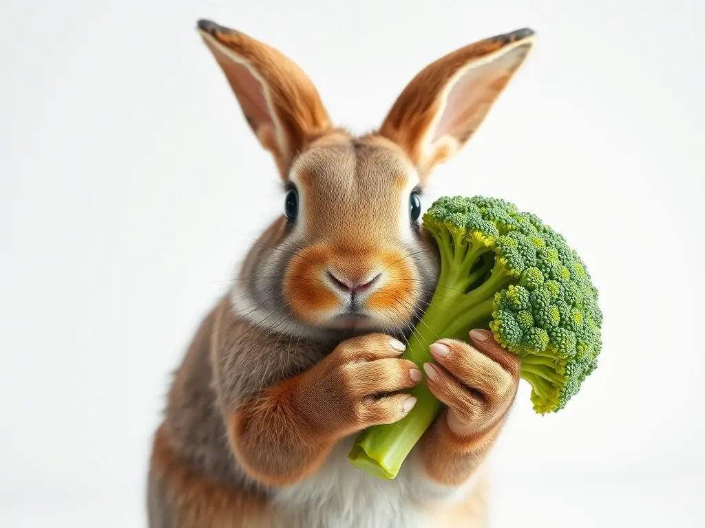 Fotografía realista de conejo con brocoli, saludable y natural