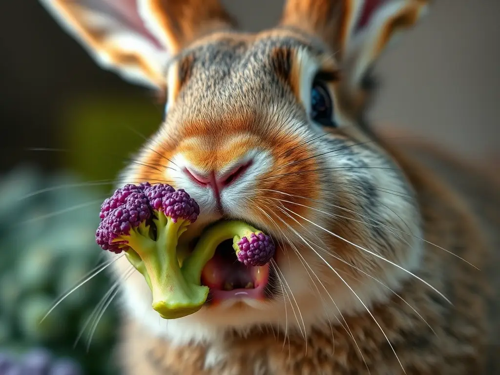 Un conejo doméstico consumiendo brócoli realísticamente