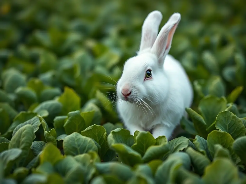 Foto realista de un conejo blanco feliz en apio