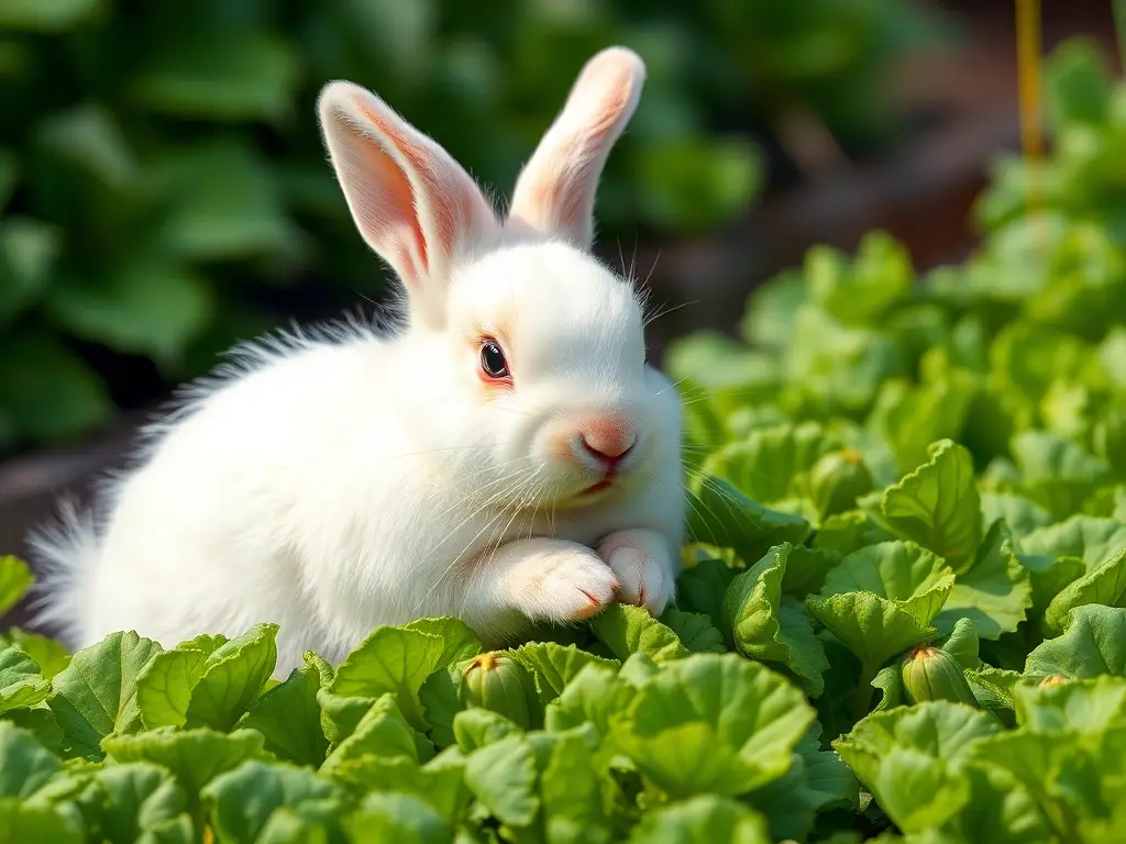 Un conejo blanco juguetón comiendo verduras en un jardín natural