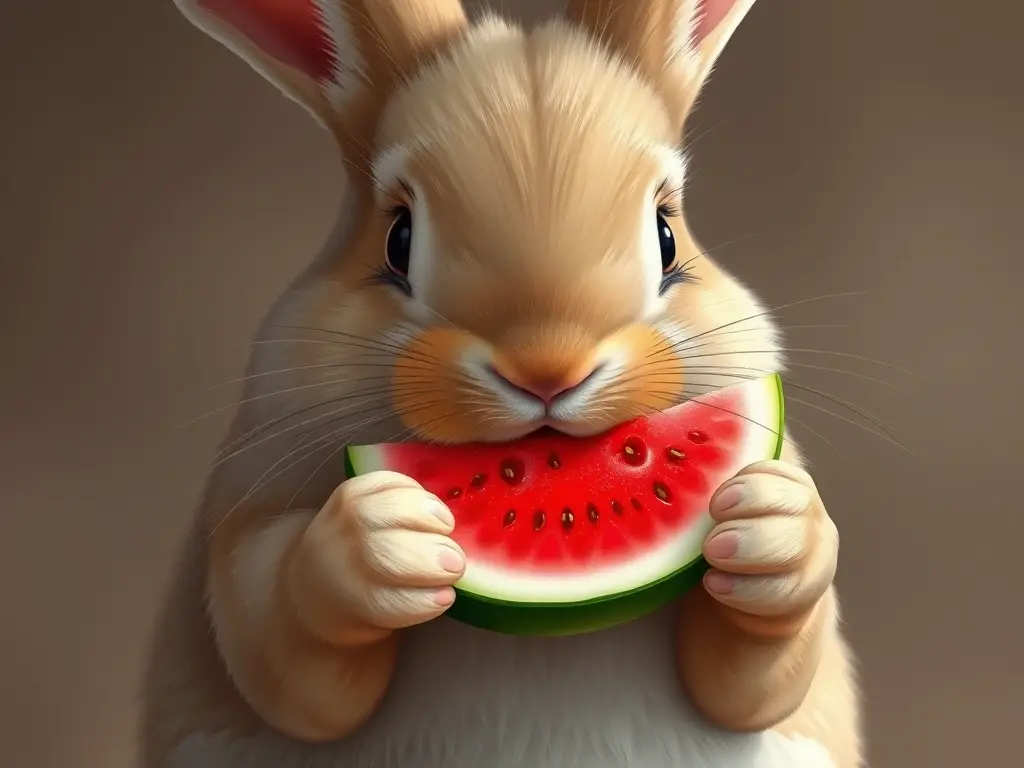 Ilustración realista de una madre coneja con un pedazo de melón en la boca