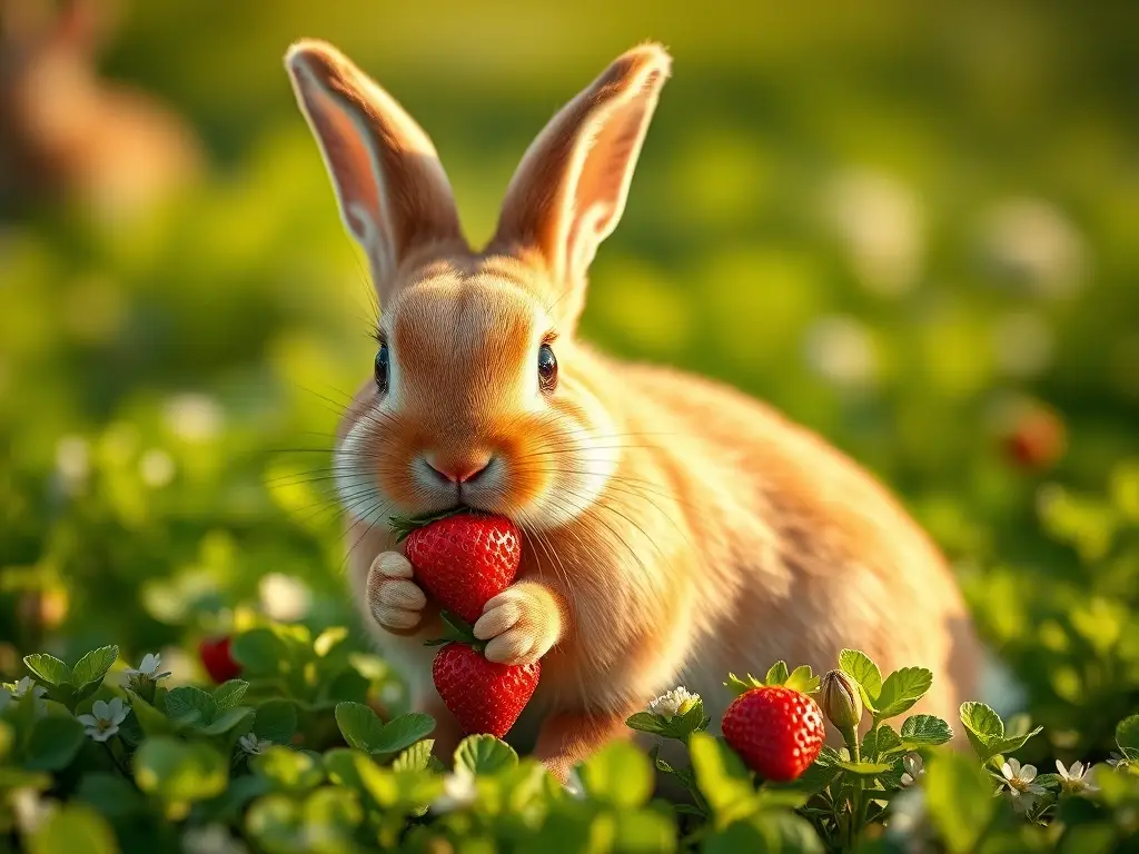 Foto realista de un conejo rojo comiendo fresas en un jardín
