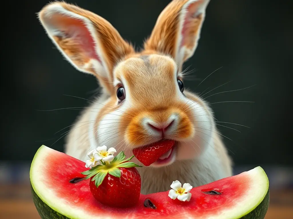 Photo de un conejo con fresa y agua de dos colores