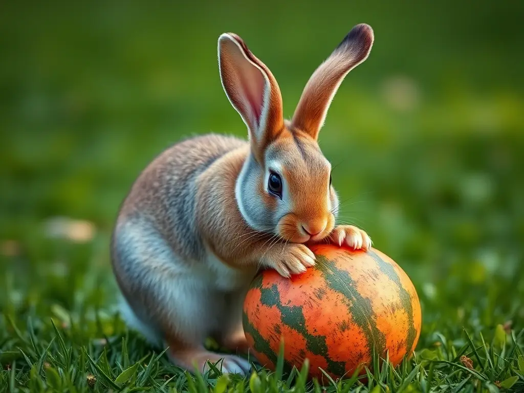 Fotografía realista de un conejo haciendo el bocado de un melón